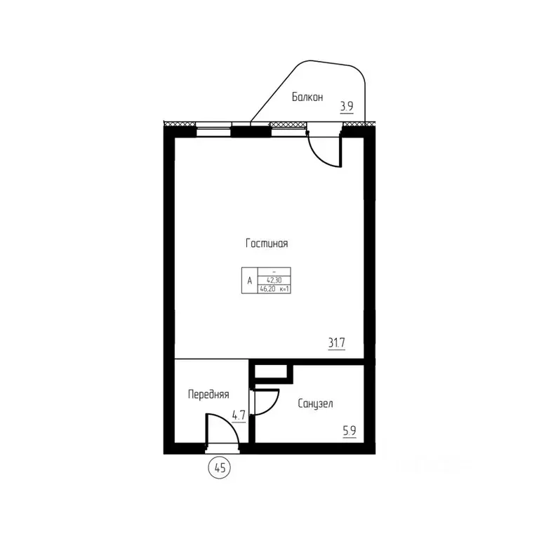 Студия Калининградская область, Светлогорск ул. Верещагина, 8 (46.2 м) - Фото 1