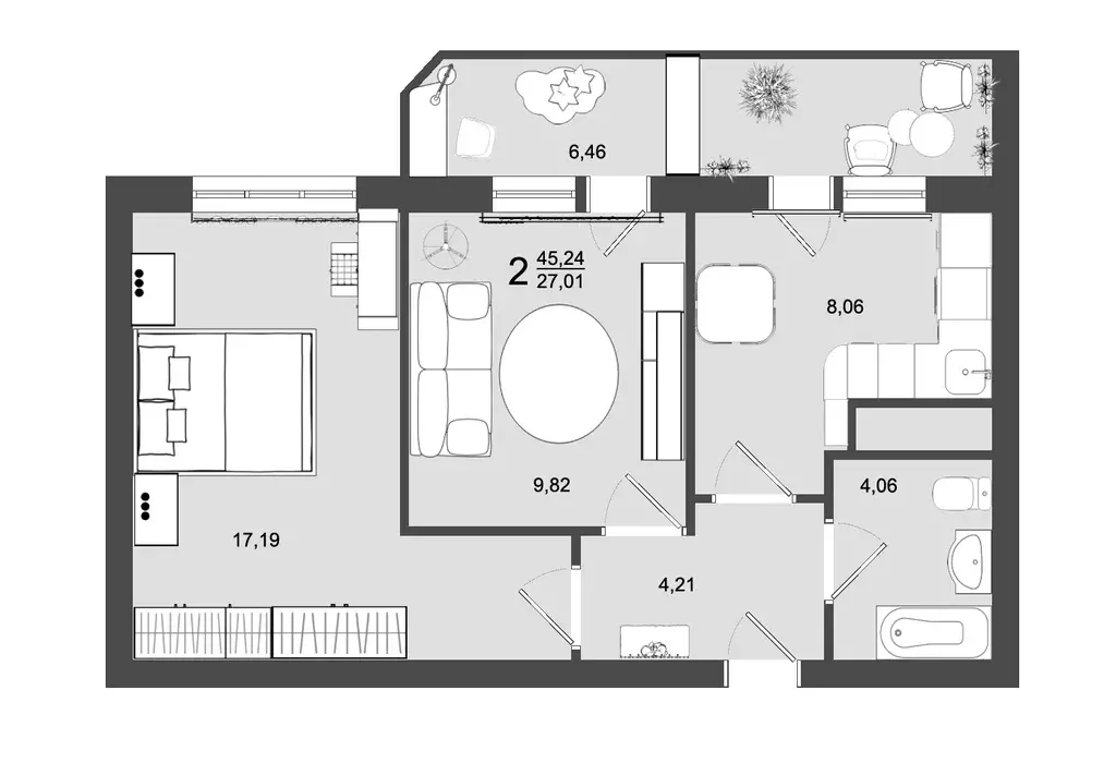 2-к квартира, 45.24 м - Фото 0