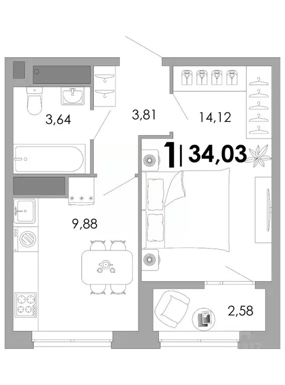 1-к кв. Владимирская область, Владимир Уно жилой комплекс (34.03 м) - Фото 1