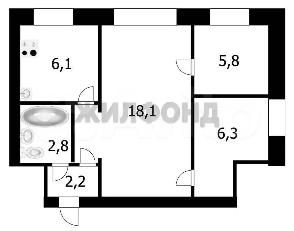 2-к. квартира, 41,3 м, 1/5 эт. - Фото 0