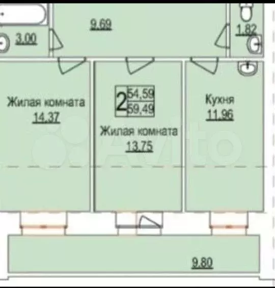 2-к. квартира, 60 м, 9/14 эт. - Фото 0