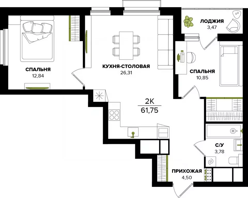 2-к кв. Тульская область, Тула  (61.75 м) - Фото 1