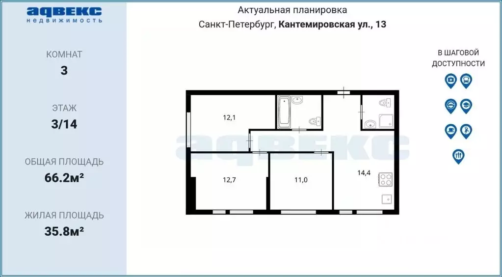 3-к кв. Санкт-Петербург Кантемировская ул., 13 (66.2 м) - Фото 2
