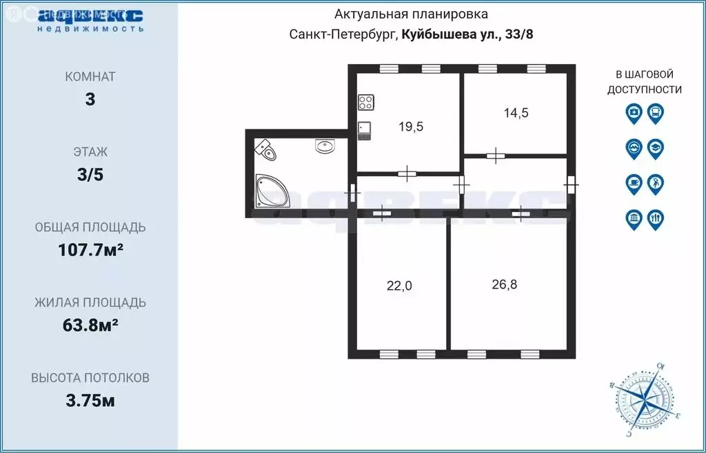 3-комнатная квартира: Санкт-Петербург, улица Куйбышева, 33/8 (107.7 м) - Фото 2