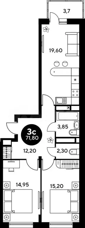 2-к. квартира, 72,4 м, 4/9 эт. - Фото 0