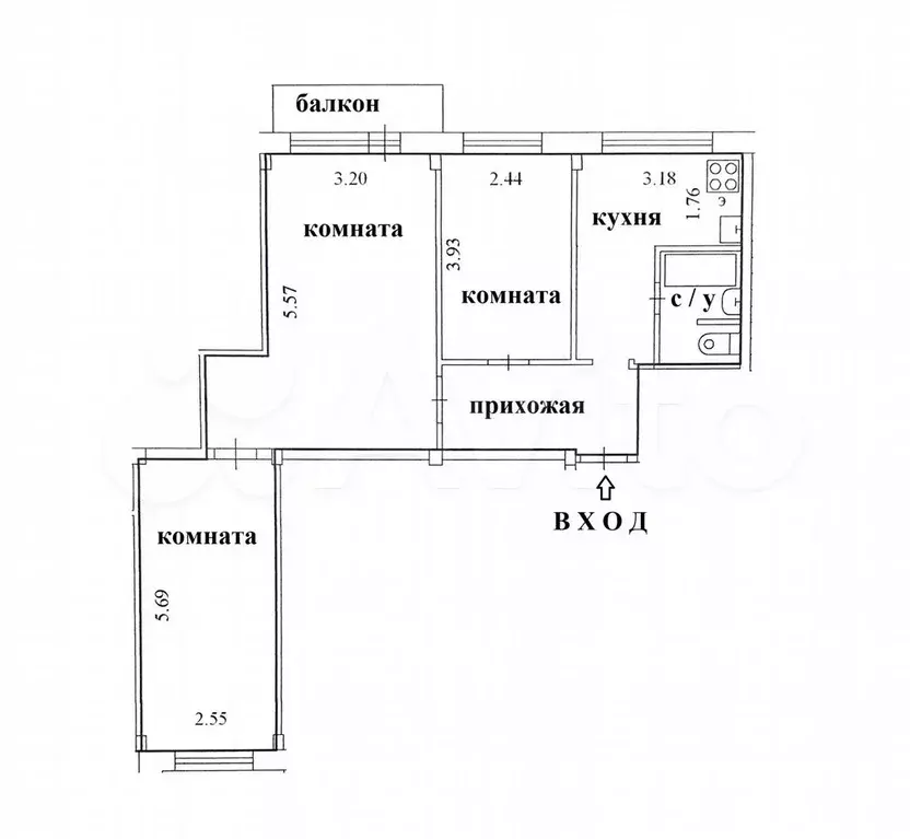 3-к. квартира, 62,1 м, 6/9 эт. - Фото 0