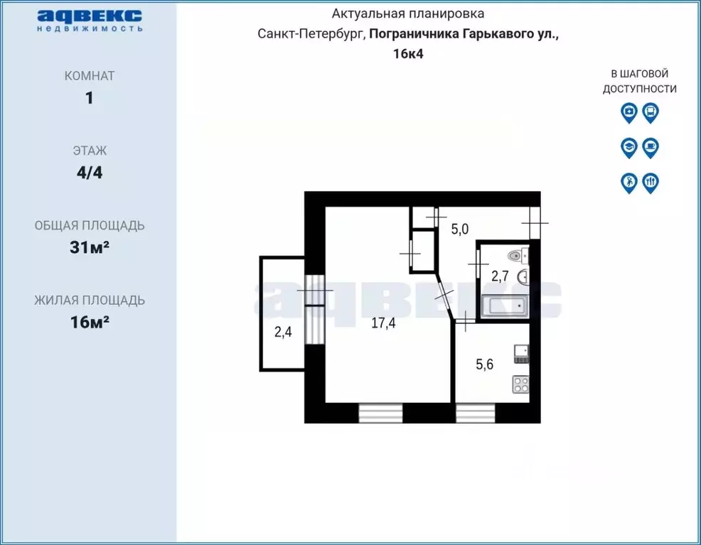 1-к кв. Санкт-Петербург ул. Пограничника Гарькавого, 16К4 (31.7 м) - Фото 2