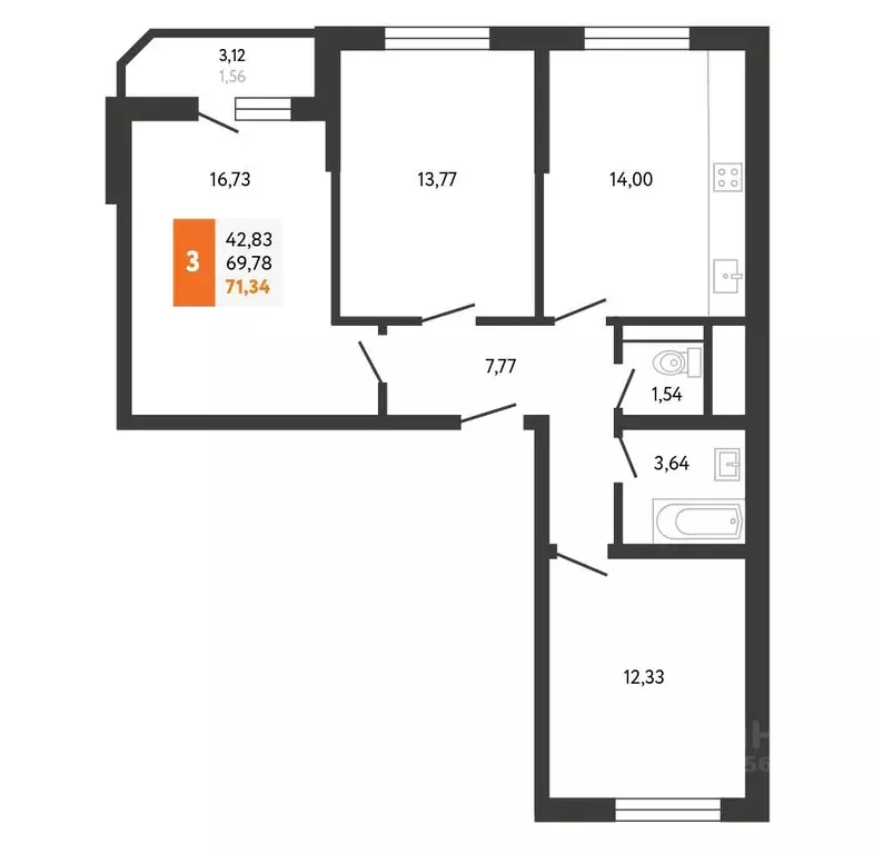 3-к кв. Краснодарский край, Новороссийск Мысхакское ш., 59Б (71.0 м) - Фото 1