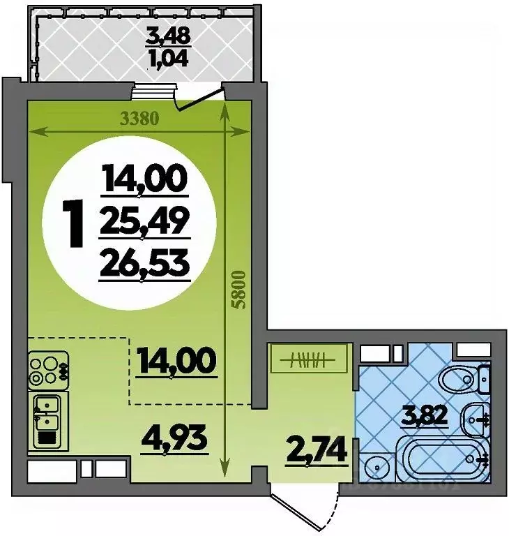 Студия Адыгея, Майкоп  (26.53 м) - Фото 1