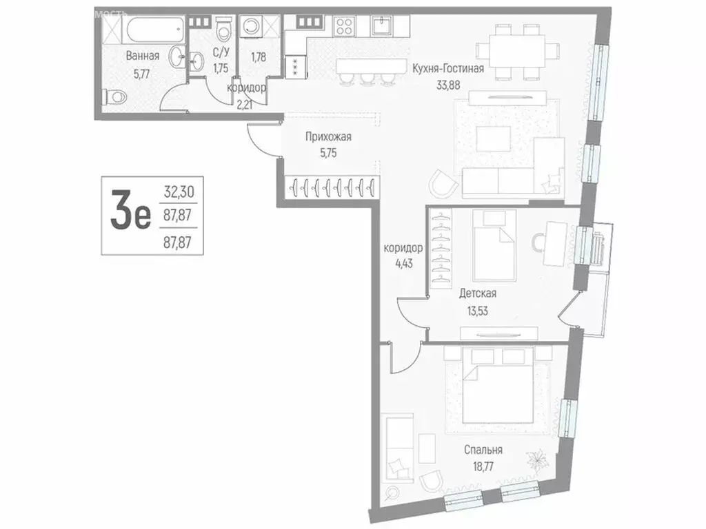 3-комнатная квартира: деревня Крюково, Высокая улица, 1 (88.4 м) - Фото 1