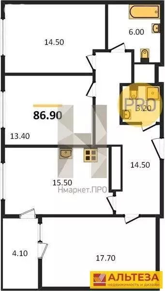 3-комнатная квартира: Калининград, улица Маршала Борзова, 109 (86.9 м) - Фото 1