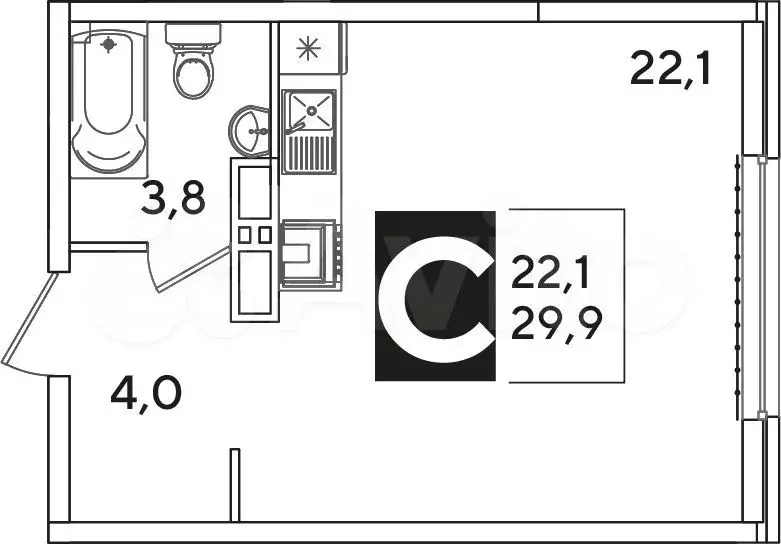 Квартира-студия, 29,9м, 15/16эт. - Фото 1