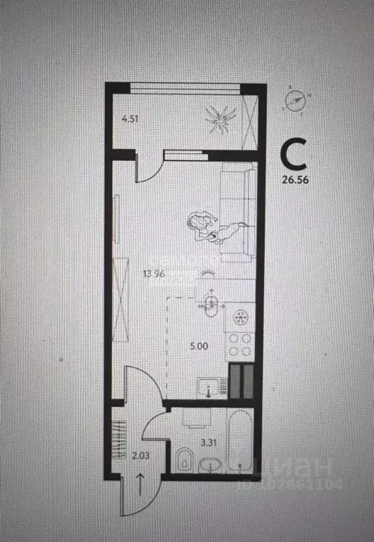 Студия Липецкая область, Липецк ул. Перова, 2Д (26.56 м) - Фото 2