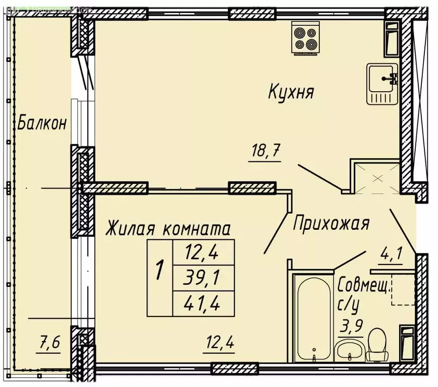 1-комнатная квартира: Орёл, улица Матросова, 3Б (41.4 м) - Фото 0