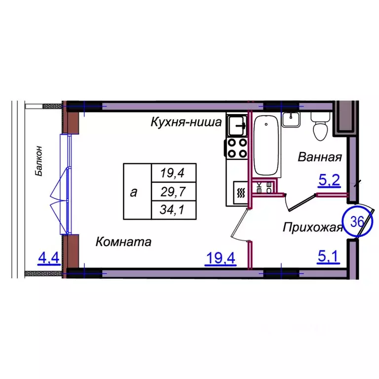 Студия Калининградская область, Светлогорск Балтийская ул. (34.1 м) - Фото 1