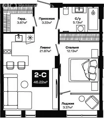 2-комнатная квартира: Краснообск, жилой комплекс Базилик (46.22 м) - Фото 1