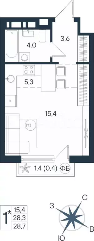 Квартира-студия, 28,7 м, 6/15 эт. - Фото 0