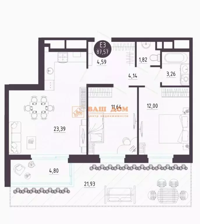 2-к кв. Тульская область, Тула ул. Купцов Гречихиных, 8 (87.57 м) - Фото 1