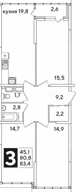 3-к. квартира, 73,2 м, 8/16 эт. - Фото 0