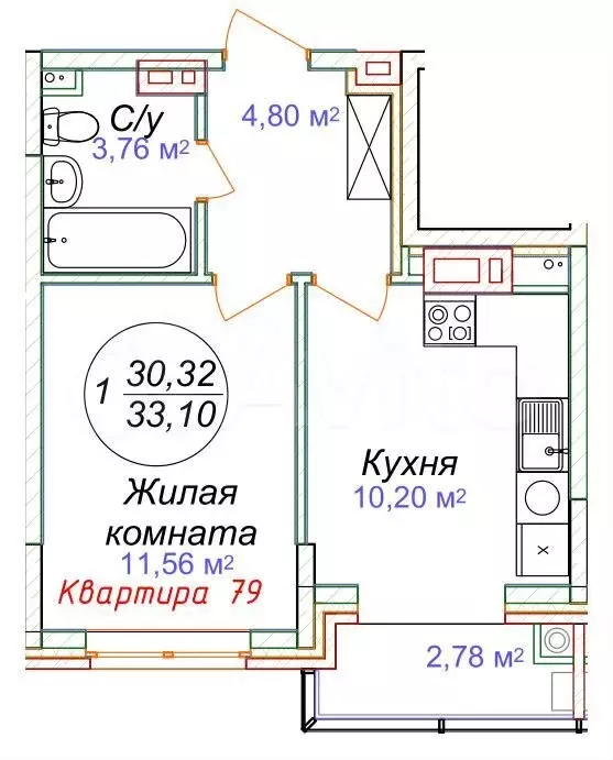 1-к. квартира, 33,1 м, 4/5 эт. - Фото 0