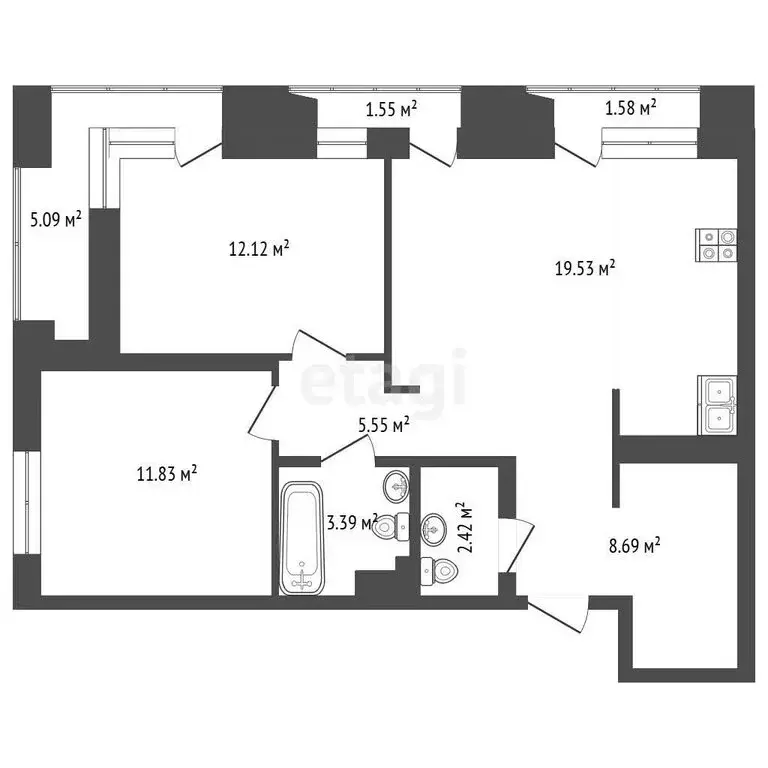 2-комнатная квартира: Тюмень, улица Судостроителей, 48 (63.5 м) - Фото 1