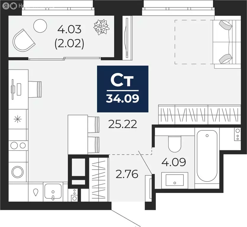 Квартира-студия: Тюмень, Камчатская улица, 109к1 (36.1 м) - Фото 1