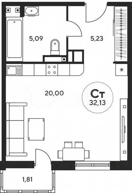 Квартира-студия, 32,1м, 18/25эт. - Фото 1