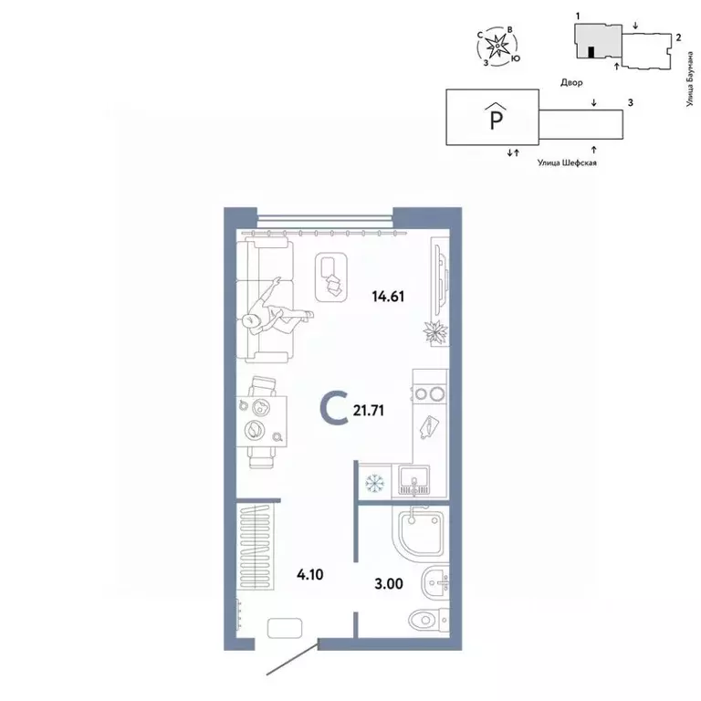 Студия Свердловская область, Екатеринбург ул. Шефская, 22А (21.71 м) - Фото 1