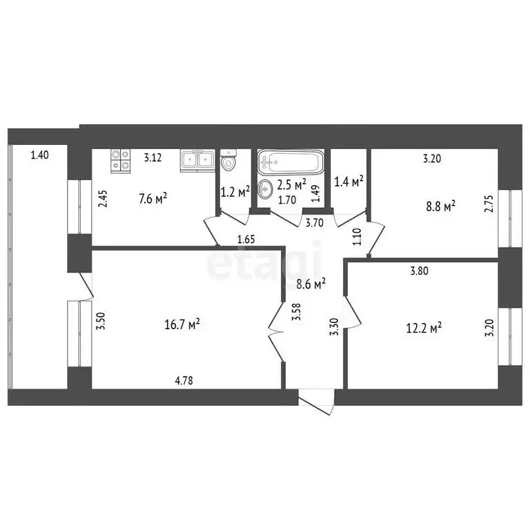 3-комнатная квартира: Стерлитамак, Железнодорожная улица, 68 (59 м) - Фото 1