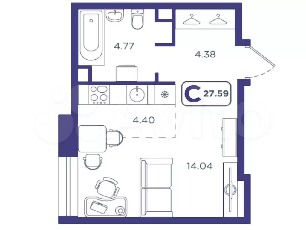 Квартира-студия, 27,6 м, 1/10 эт. - Фото 1