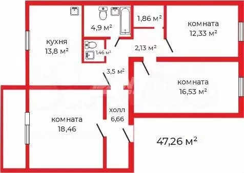 3-к. квартира, 81,2 м, 9/10 эт. - Фото 0