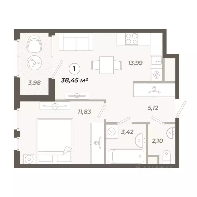 1-к кв. Санкт-Петербург ул. Коли Томчака, 21Д (38.45 м) - Фото 1