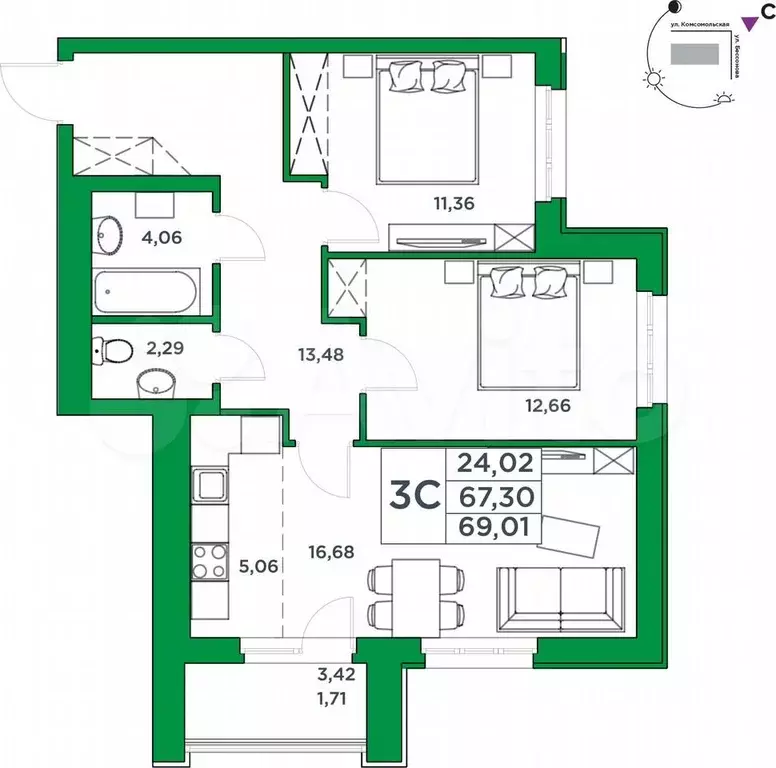 2-к. квартира, 60,1 м, 13/24 эт. - Фото 1