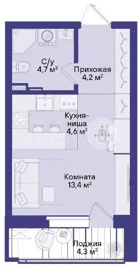 Квартира-студия, 29,1 м, 2/16 эт. - Фото 1