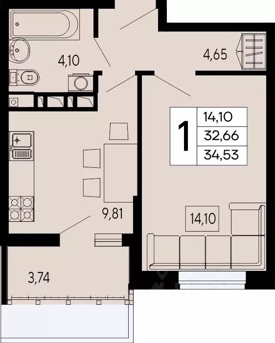 1-к кв. Адыгея, Майкоп 9 Мая ул. (34.53 м) - Фото 1