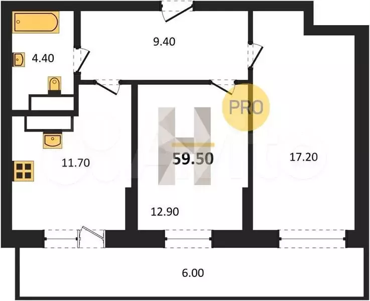 2-к. квартира, 60м, 5/21эт. - Фото 1