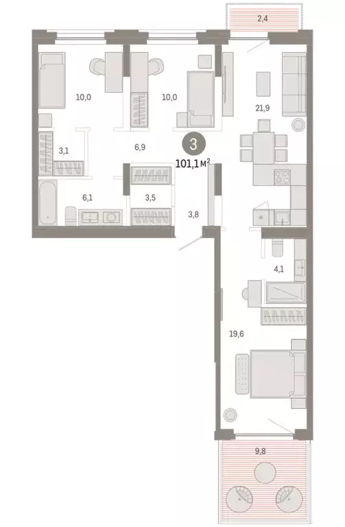 3-комнатная квартира: Тюмень, Мысовская улица, 26к2 (101.14 м) - Фото 1