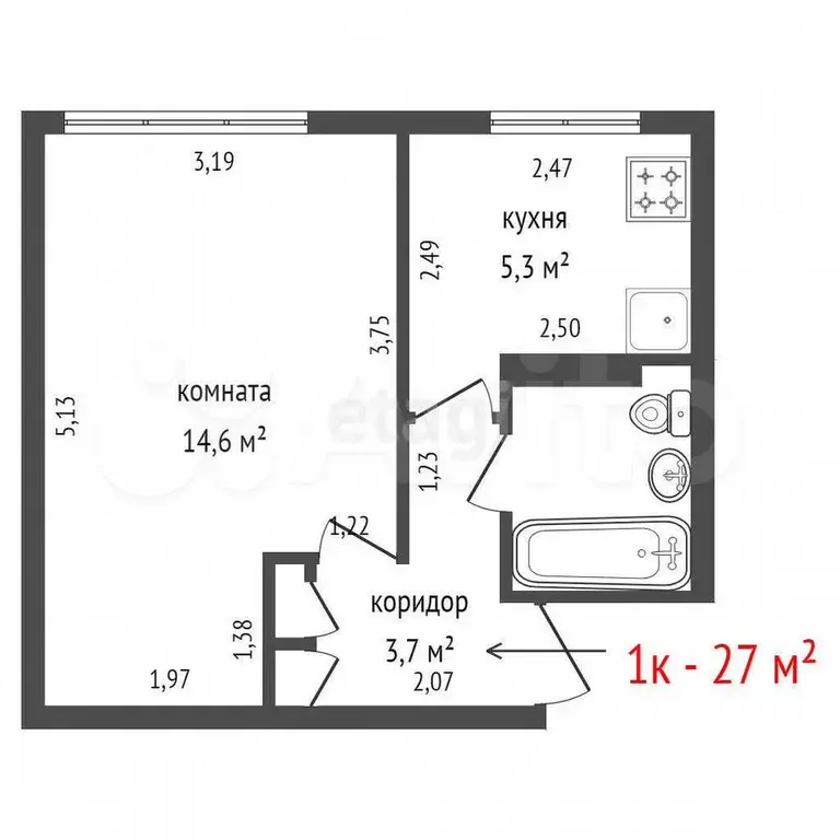 1-к. квартира, 27 м, 1/5 эт. - Фото 1
