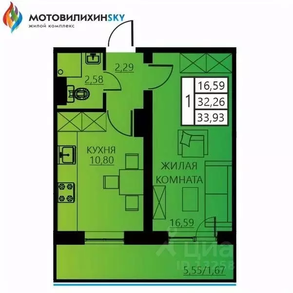 1-к кв. Пермский край, Пермь ул. Гашкова, 53к3 (33.93 м) - Фото 0