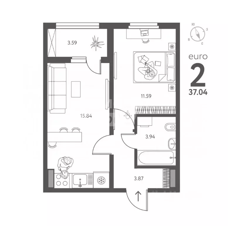 2-к кв. Липецкая область, Липецк Елецкое ш., 9 (37.04 м) - Фото 2