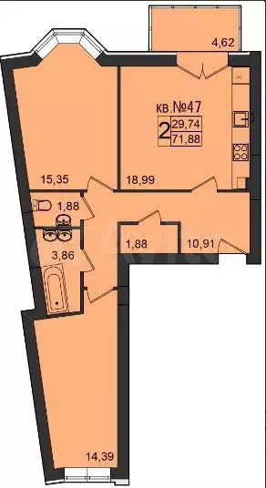 2-к. квартира, 68,7 м, 2/5 эт. - Фото 1