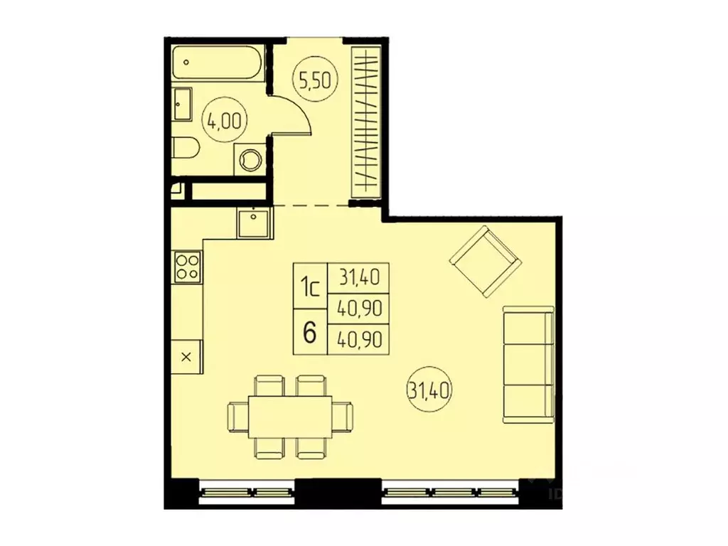 Студия Московская область, Пушкино Писаревская ул. (40.9 м) - Фото 1