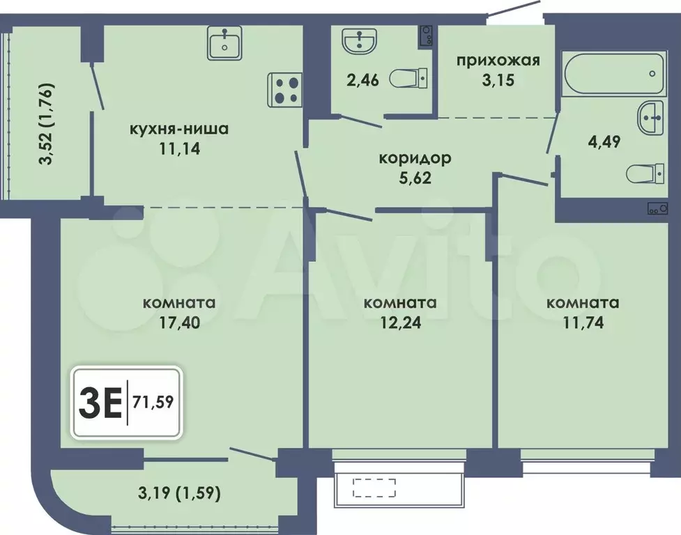 3-к. квартира, 71,6 м, 5/10 эт. - Фото 1