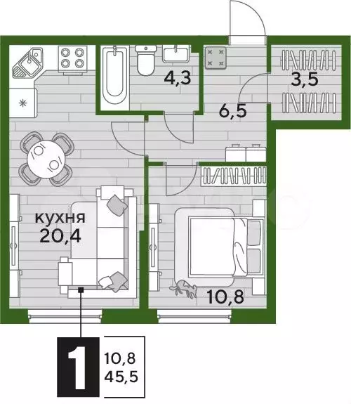 1-к. квартира, 45,5 м, 2/16 эт. - Фото 1