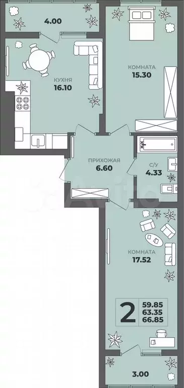 2-к. квартира, 66,9 м, 8/8 эт. - Фото 1