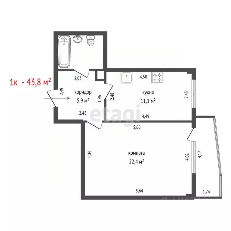 1-к кв. Свердловская область, Екатеринбург ул. Дорожная, 25 (43.8 м) - Фото 1