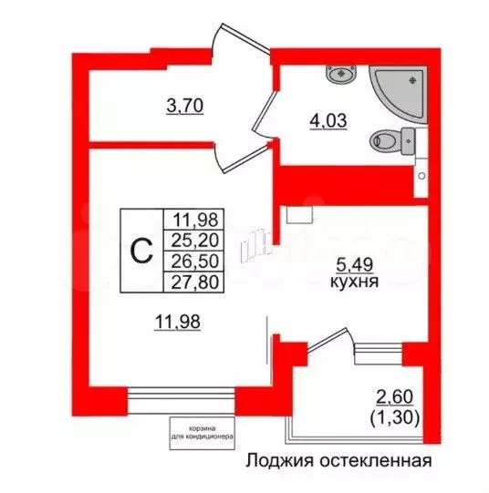 Квартира-студия, 27,8 м, 2/6 эт. - Фото 1