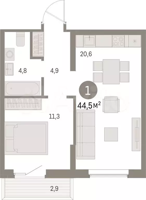 1-к. квартира, 44,5 м, 2/15 эт. - Фото 0