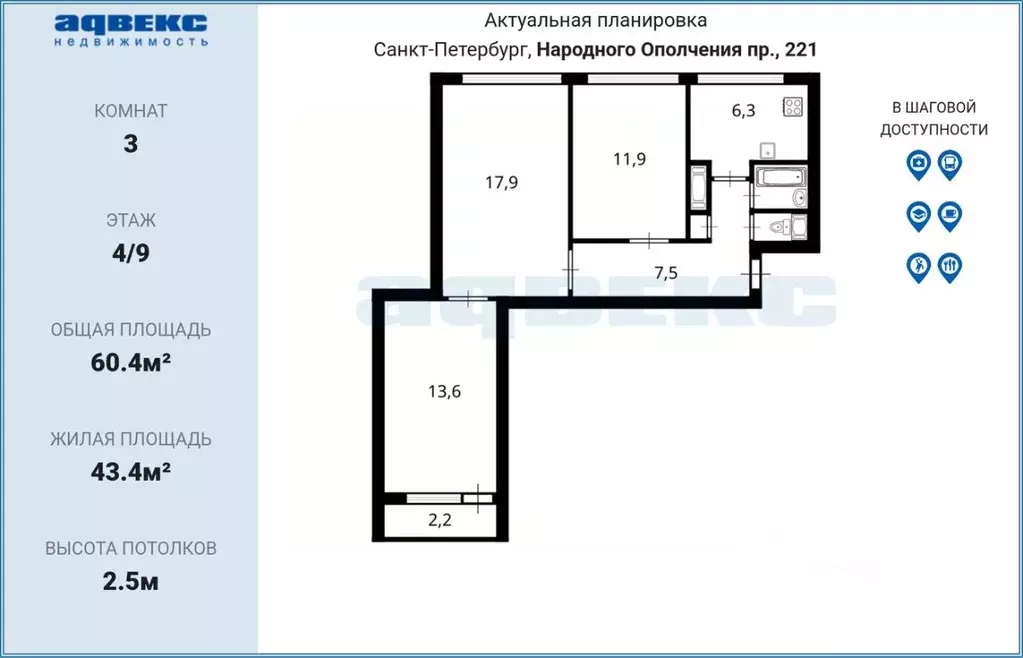 3-к кв. Санкт-Петербург просп. Народного ополчения, 221 (60.4 м) - Фото 2
