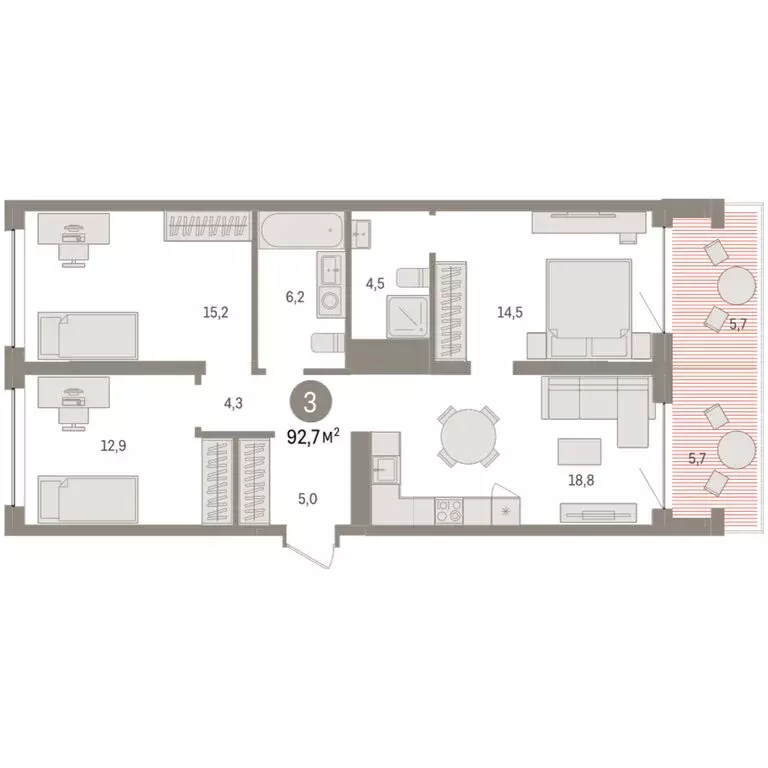 3-комнатная квартира: Тюмень, ЖК Дом у Озера (92.65 м) - Фото 1
